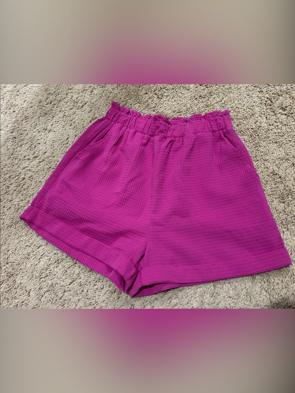 Boutique High-Waist Waffle-Knit Shorts in Magenta with Pockets